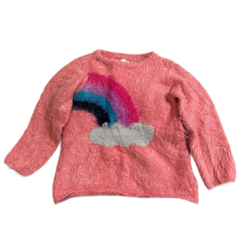 🩵2/$20 — Hatley Faux Fur Pink Fuzzy Sweater with Rainbow Design 5T